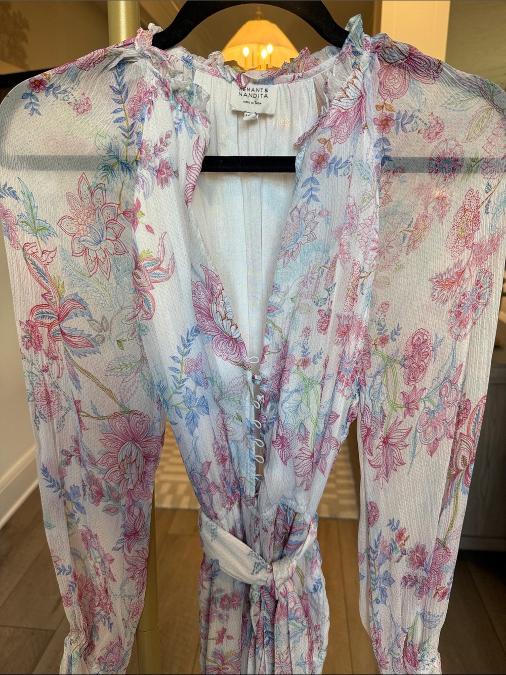 HEMANT & NANDITA White Floral Tie-Waist Maxi romper with Pink and Blue Flowers